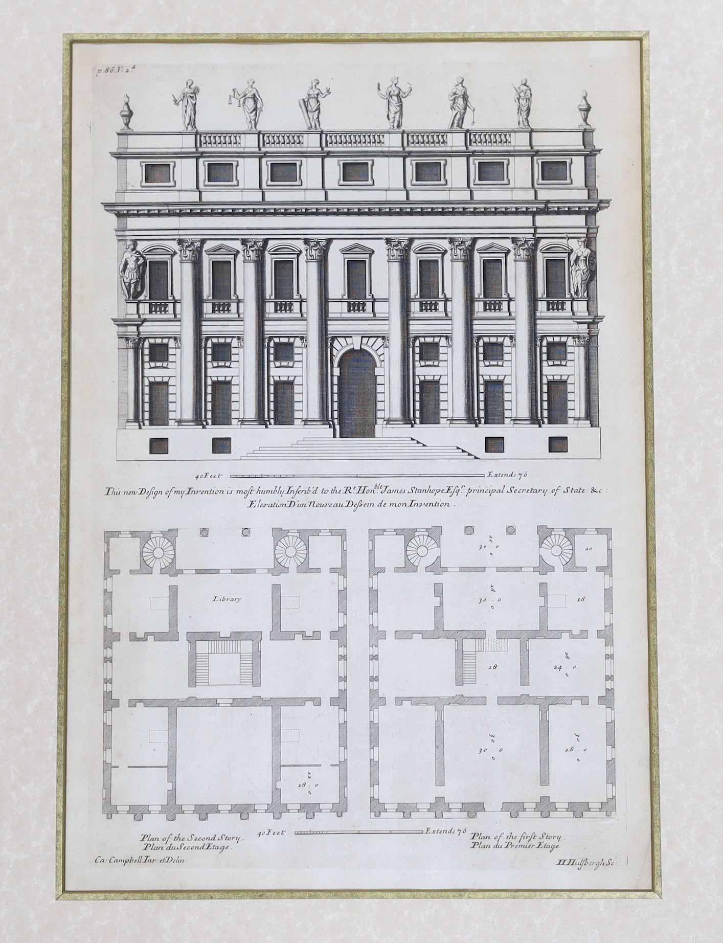 After Colen Campbell (Scottish, 1676-1729), architectural engraving from Vitruvius Britannicus, 39 x 26cm
